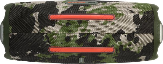 JBL Charge 6 camouflage speaker, gezien vanaf de bovenkant met oranje handvatten.