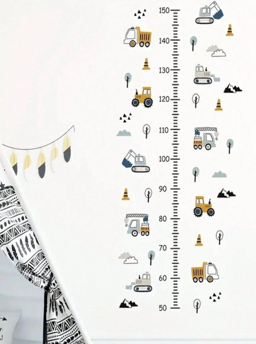 Groeimeter Muursticker Bouwplaats Thema | 150 cm Meethoogte | Kinderkamer Wanddecoratie met Bouwvoertuigen | Nunu's®