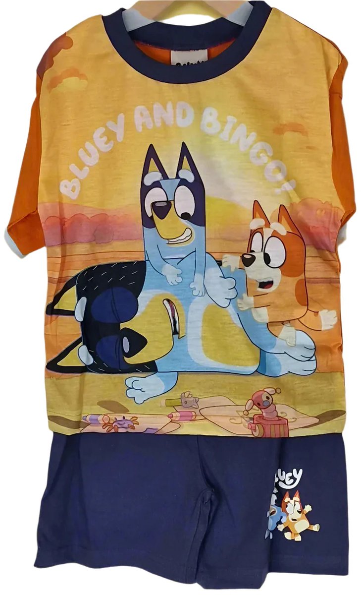 Bluey en Bingo - Pyjama - Oranje met blauw - Shortama - Korte broek en t-shirt - maat 98/104