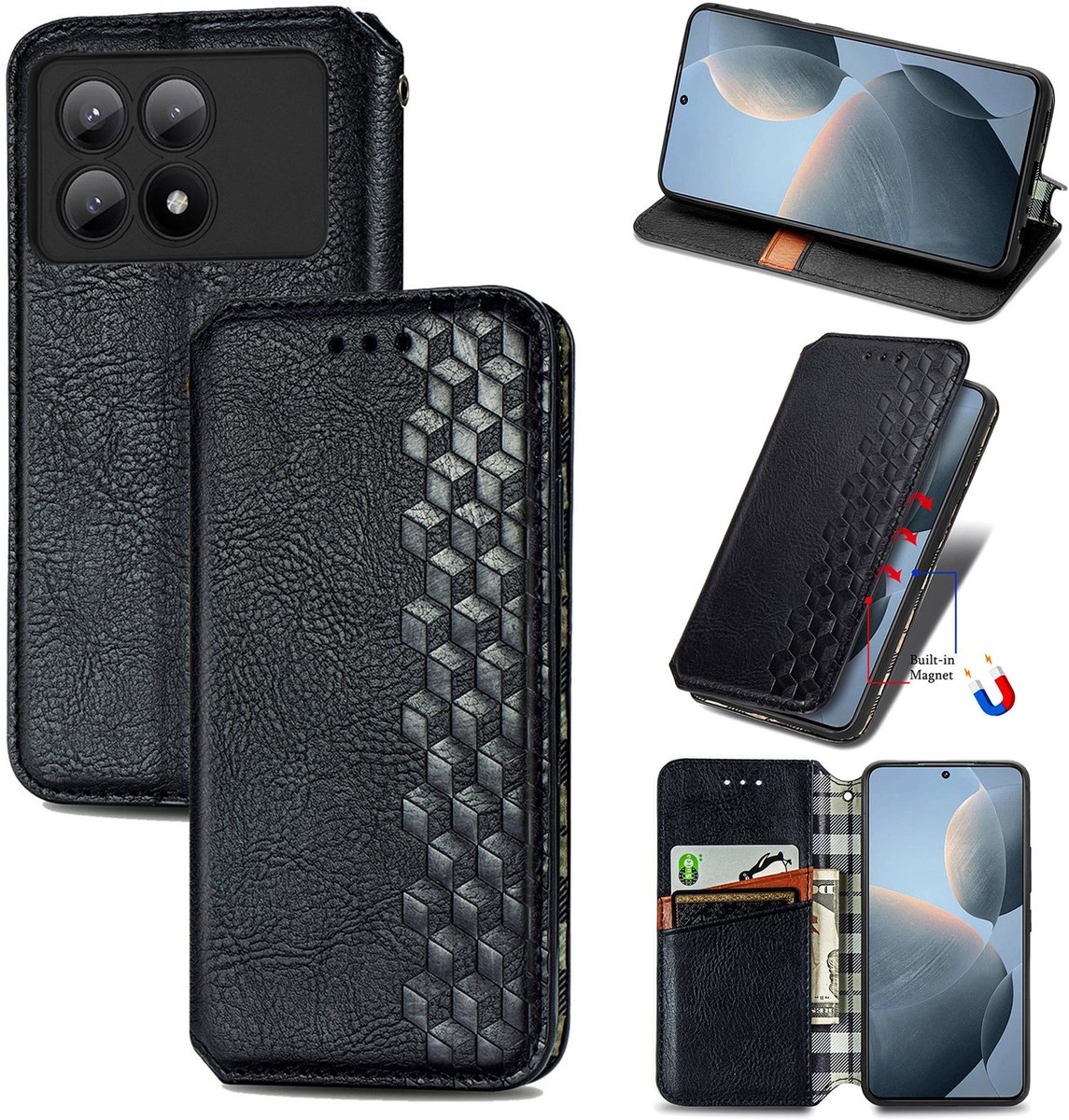 Luxe PU Lederen Ruitpatroon Wallet Case + Screenprotector voor Xiaomi Poco X6 Pro _ Zwart