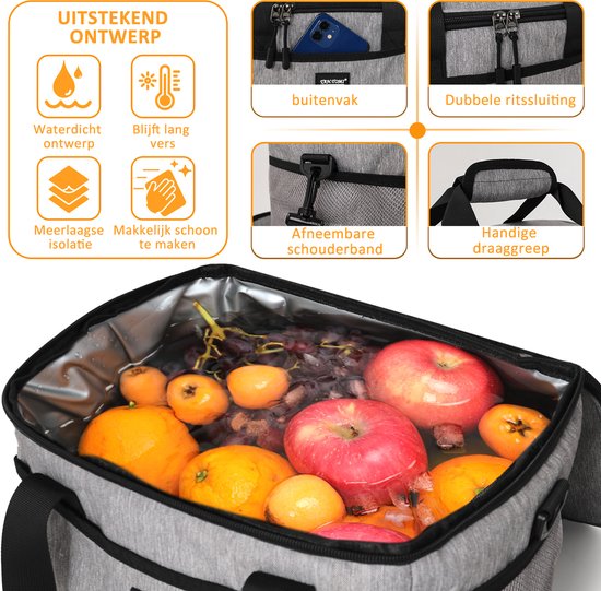 TAN.TOMI Koeltas - 4 laags geïsoleerde - Lunchtas - Picknicktas - Slijtvast en duurzaam materiaal - Waterdicht en vuilafstotend - Grijs - 8.5L van TAN.TOMI — afbeelding 2