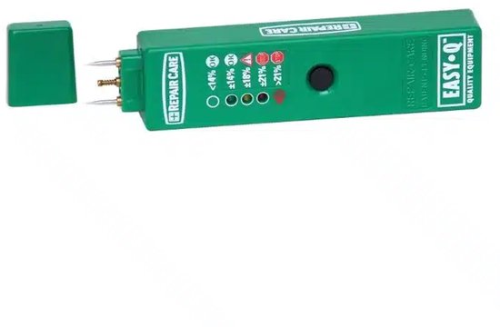 Groene Easy.Q houtvochtmeter met deksel en naalden aan, met een display van groene en rode LED's.
