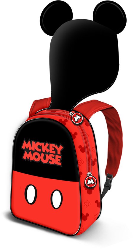 Rode rugzak met Mickey Mouse print en een zwarte capuchon met Mickey Mouse-oren.