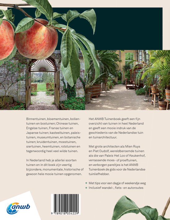 Een perzik en bladeren sieren de hoek van de omslag van het ANWB Tuinenboek. Rechts een serre met planten.