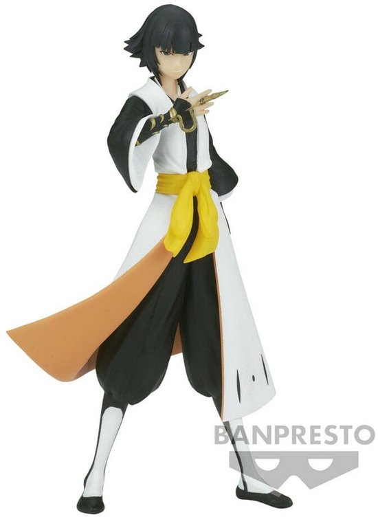 Figurine de Sui Feng en blanc avec manches noires, foulard orange et une dague dorée.