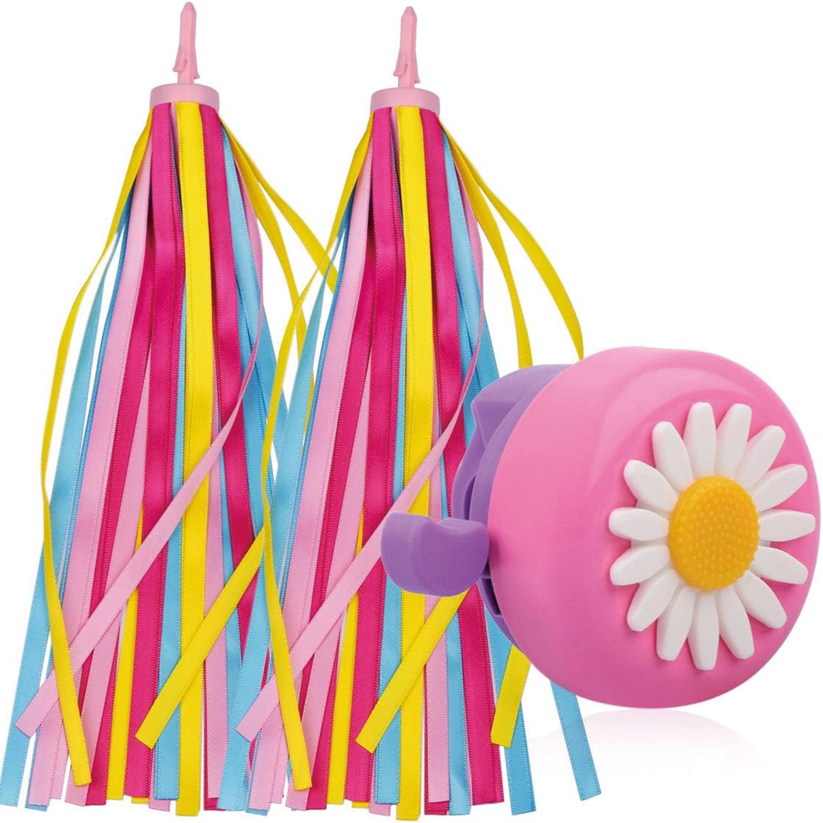 Fietsbel + Kleurrijke Stuurversiering 28 cm - Stuurslingers + Fietsbel - Kinderfiets Versieringen - Handvat Streamers - Zonnebloem Fietsbel en Stuurlinten voor Kinderfietsen - Roze