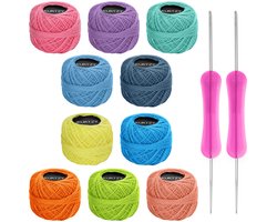 Kurtzy 10 Pak Pastelkleur Haak Garen - 2 Haaknaalden Inbegrepen (1 mm & 2 mm) - Elke Draadbal Weegt 20 g - Totaal Meer dan 1500 m Gekleurd Katoenen Garen voor Haken, Borduren of Naaien