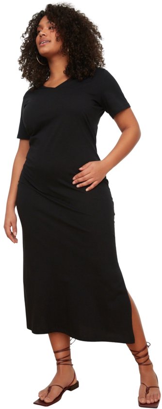 Trendyol manches Standard col en V robe tricotée noire avec col peigné et col en V fendu TBBSS22AH0163