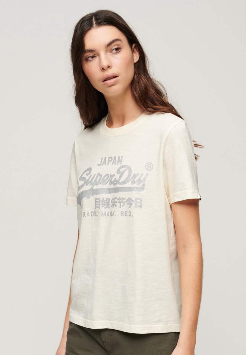 Superdry Metallic T-shirt met logo en relaxte pasvorm Dames T-shirts Creme