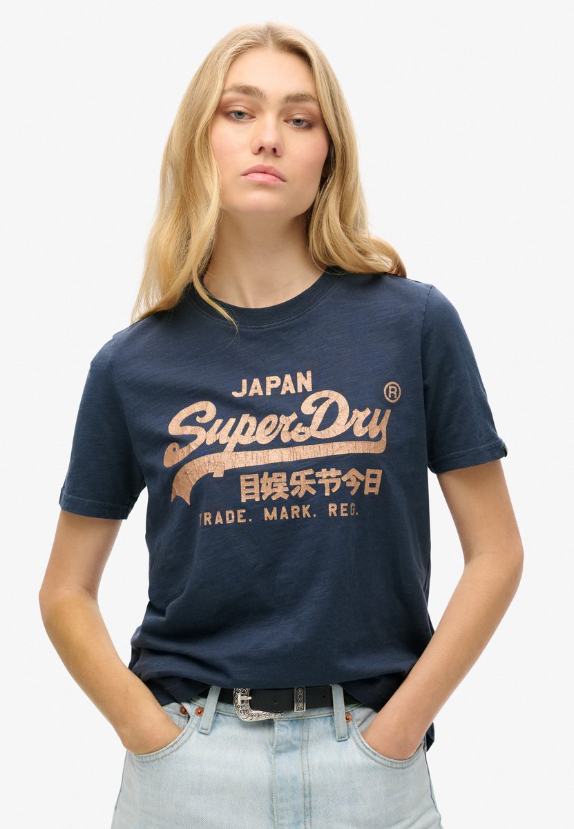 Superdry Metallic T-shirt met logo en relaxte pasvorm Dames T-shirts Marineblauw