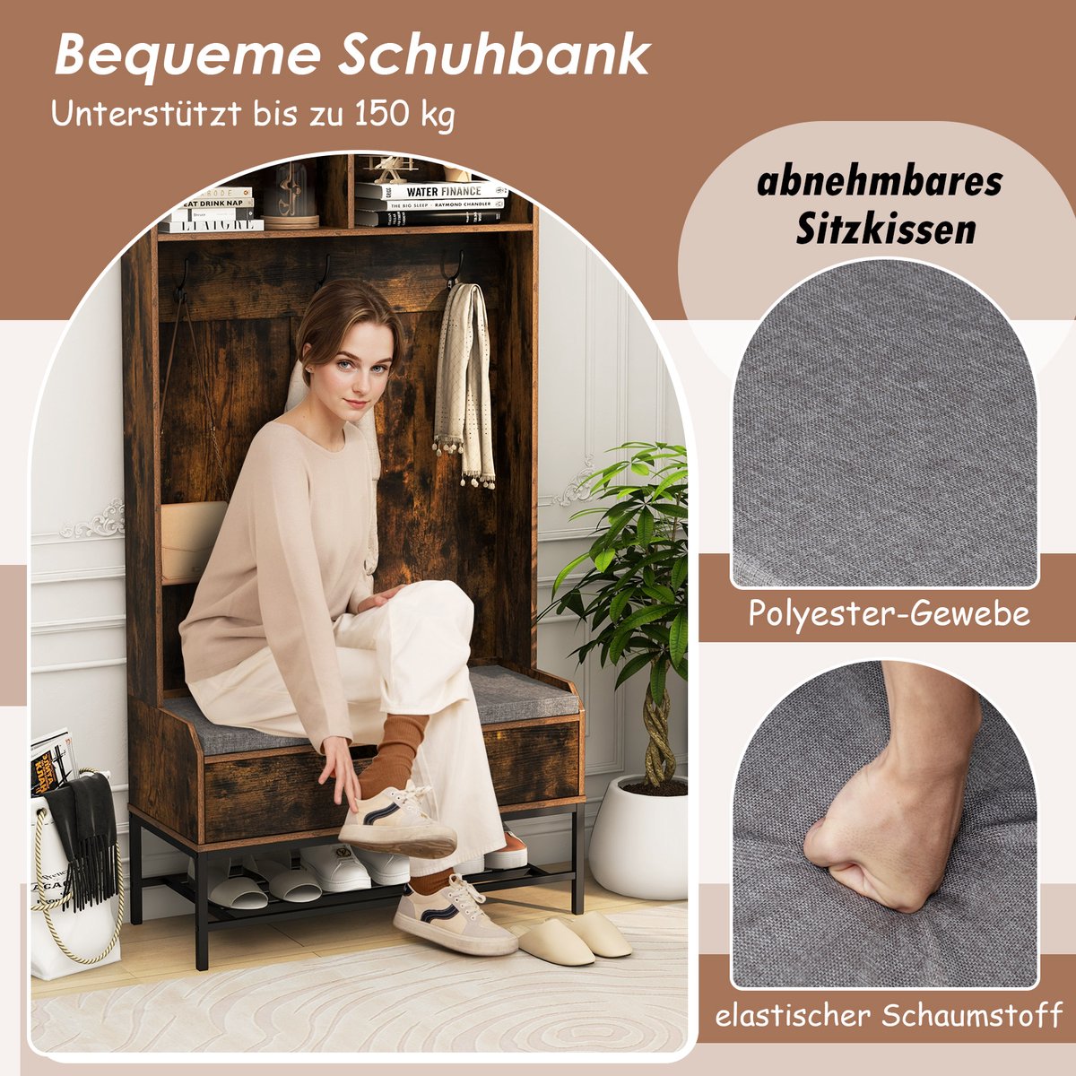 FUlnEs Kapstok met bank, industrieel 4-in-1 kledingrek met haak en schoenenrek voor hal, woonkamer, kantoor, slaapkamer, eenvoudige montage, 80/100 x 33 x 170 cm