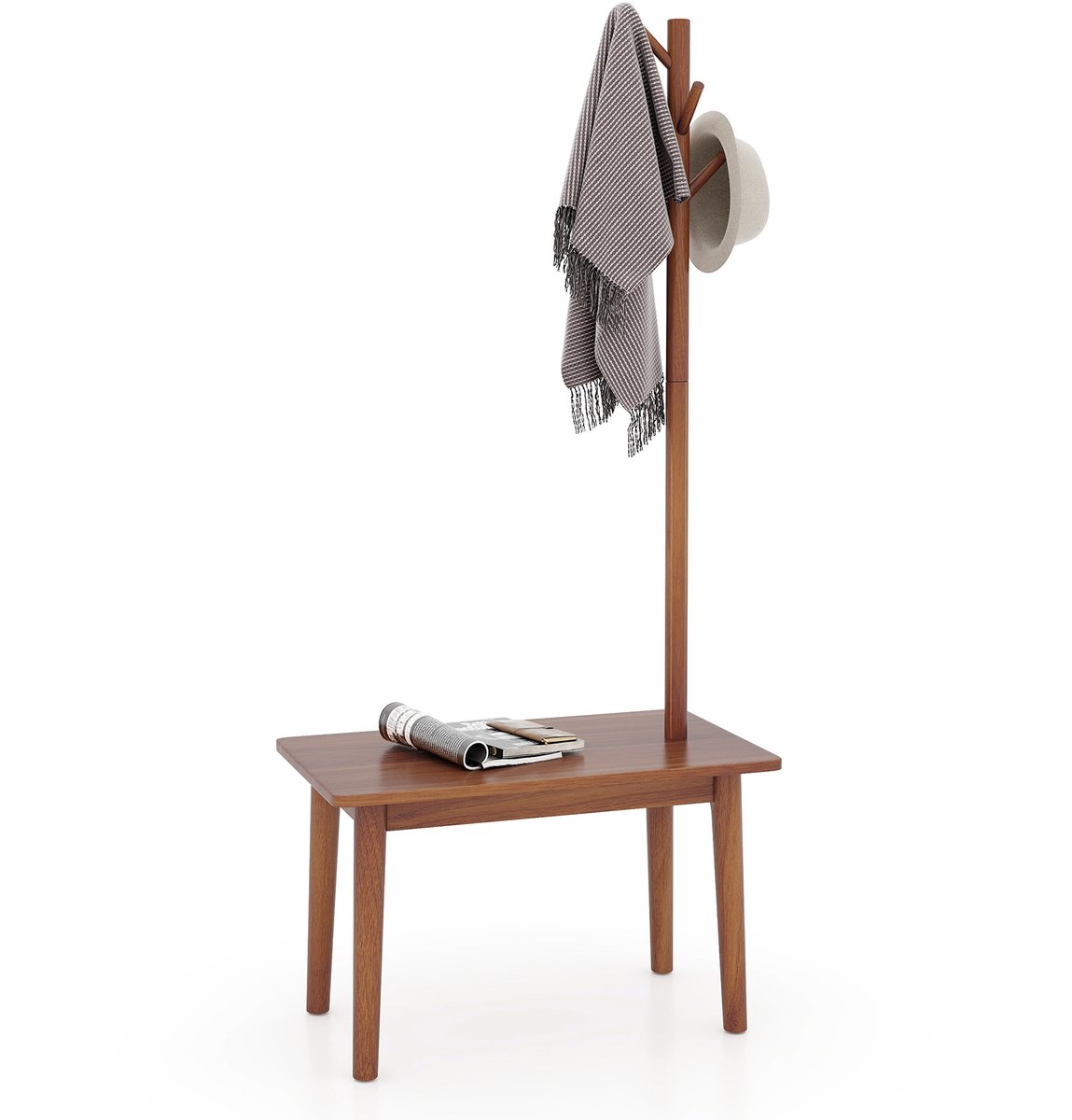 Costway 3-in-1 bijzettafel van massief hout, kapstok met schoenenbank en 3 haken, vrijstaande kledingstandaard, multifunctioneel voor slaapkamer, woonkamer, hal Bruin