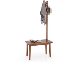 COSTWAY 3-in-1 bijzettafel van massief hout, kapstok met schoenenbank en 3 haken, vrijstaande kledingstandaard, multifunctioneel voor slaapkamer, woonkamer, hal