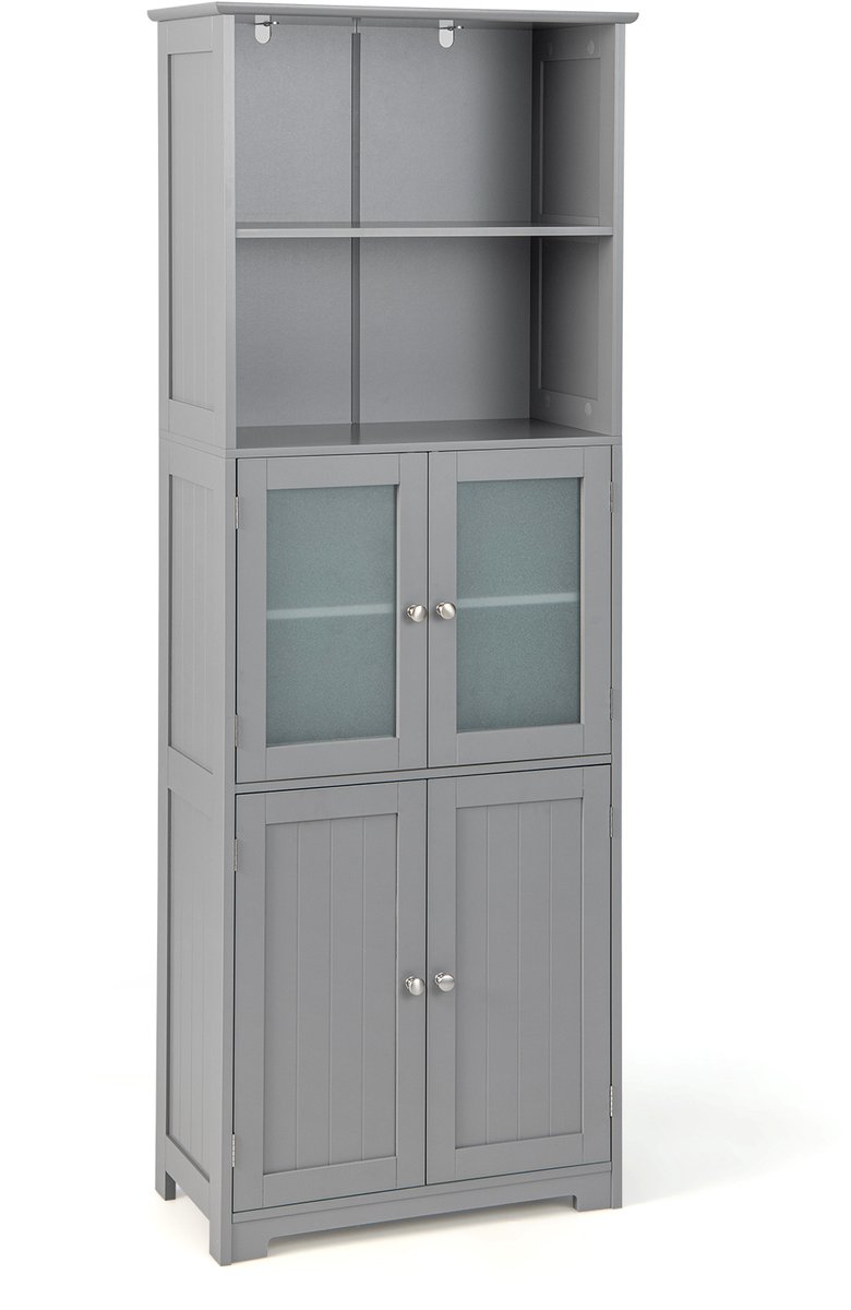 COSTWAY Badkamerkast met glazen deuren, 2 open vakken en verstelbare planken, hoge badkamerkast, opbergkast voor badkamer, keuken, woonkamer (grijs)