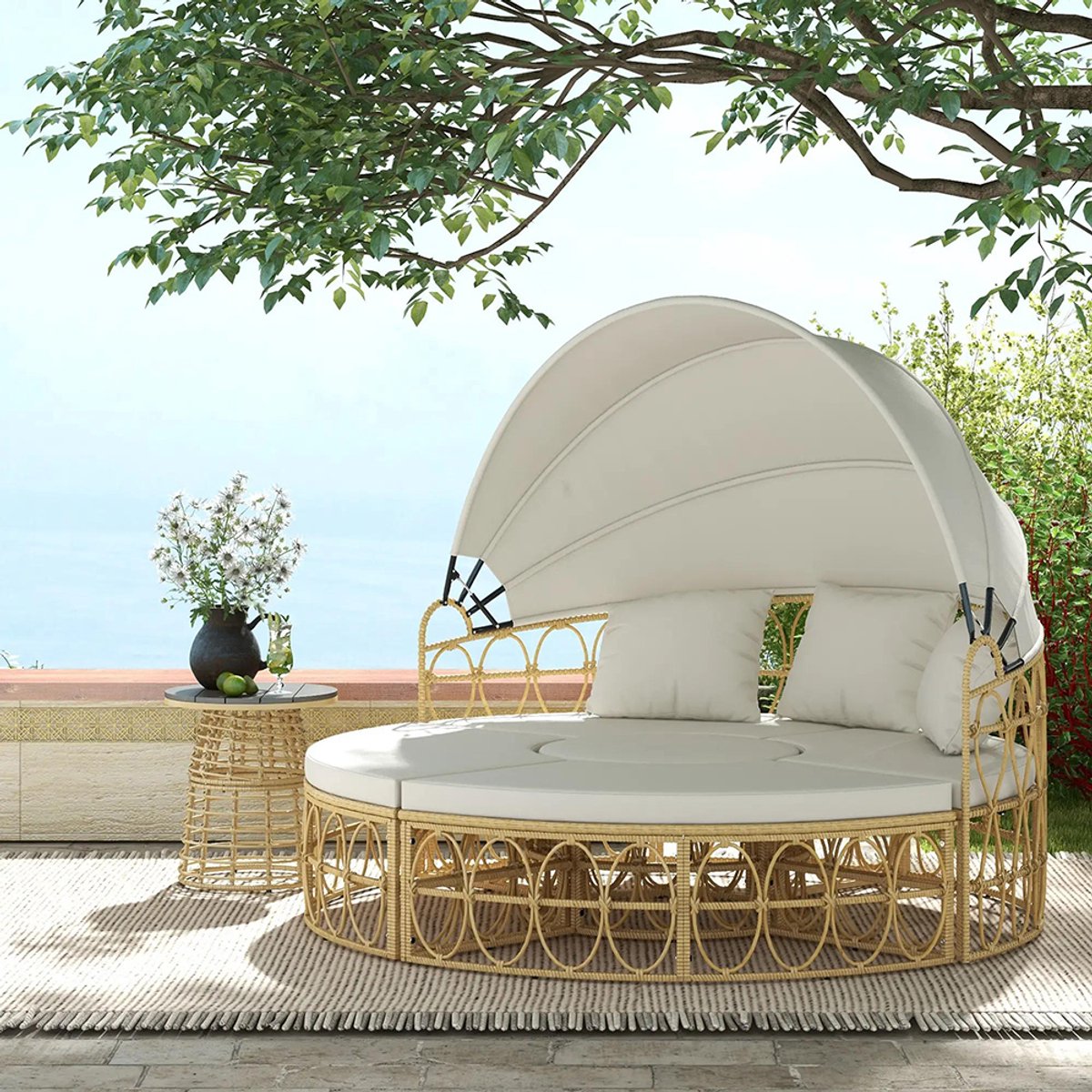 Sweiko Tuin Loungeset - 4-delige set - Uitschuifbare luifel - Met 5 kussens - Rotan look - 178 B x 85 D x 66.5 H cm - Beige