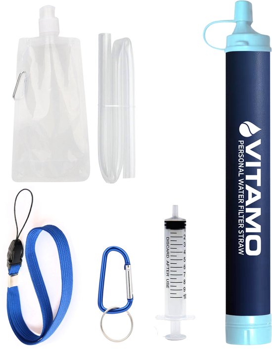 VITAMO™ Original Personal Water Filter Straw - Complete set - Waterfilter Survival & Outdoor - Noodpakket voor Thuis - Waterzuiveringsapparaat - Filtert 1800L - Tot wel 450ml/ minuut - Waterzuivering - BPA-vrij - Overlevingspakket - Donkerblauw