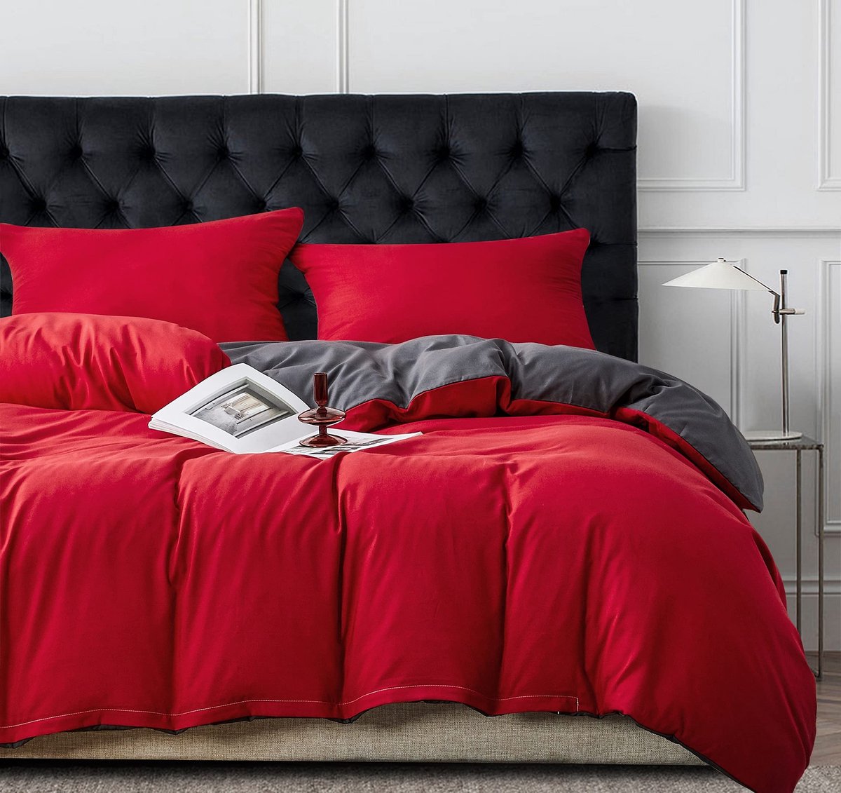 My Ninki ® Superzacht Omkeerbaar Microvezel Beddengoedset met Verborgen Ritssluiting en Moderne Look, Rood-Grijs 135 x 200 cm