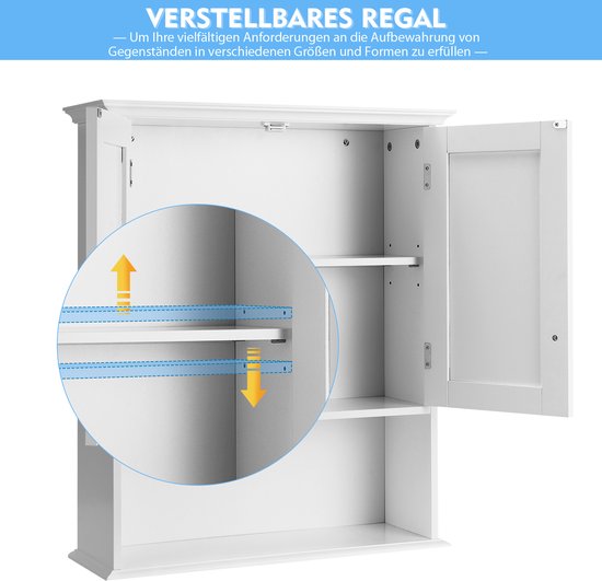 COSTWAY Meuble mural pour salle de bain, meuble de salle de bain en bois avec portes et étagères réglables, meuble mural, meuble de cuisine pour salle de bain, cuisine, chambre, 60 x 19 x 71 cm (blanc)