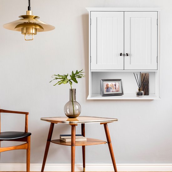 COSTWAY Meuble mural pour salle de bain, meuble de salle de bain en bois avec portes et étagères réglables, meuble mural, meuble de cuisine pour salle de bain, cuisine, chambre, 60 x 19 x 71 cm (blanc)