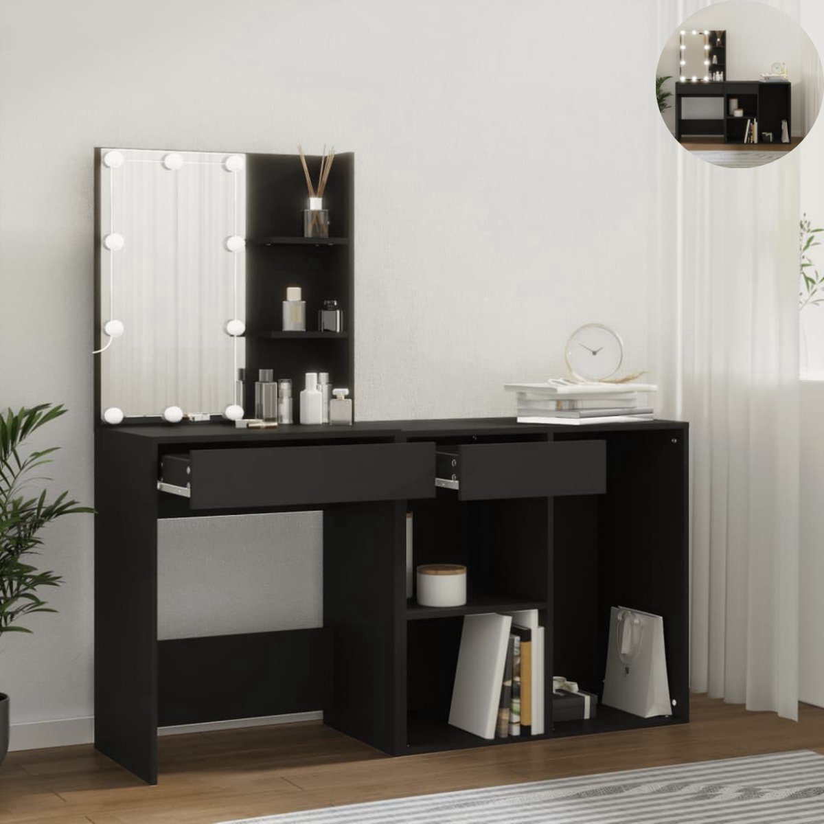 GranMaison Kaptafel met spiegel en verlichting - Make up tafel - Make up - Toilettafel -Met lades - Kaptafels - Met kast - Zwart