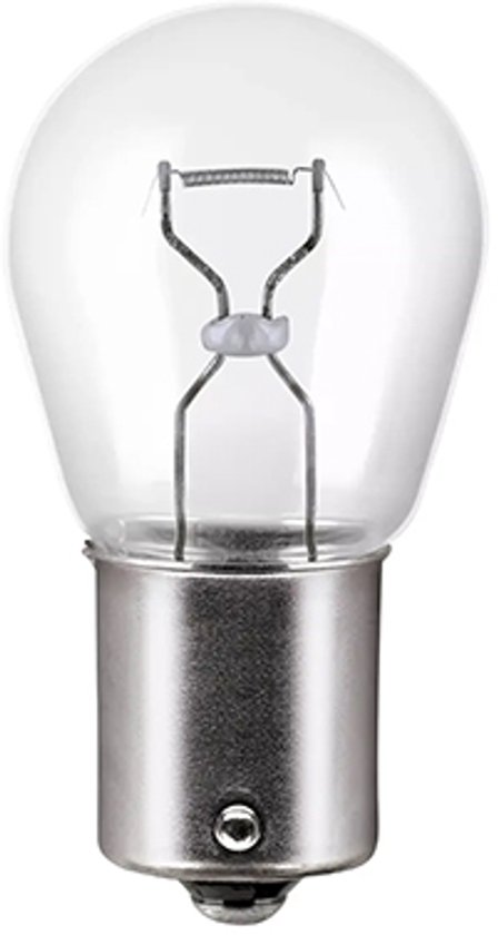 Een enkele P21W 12V 21W lamp met een metalen voet en glazen bol.