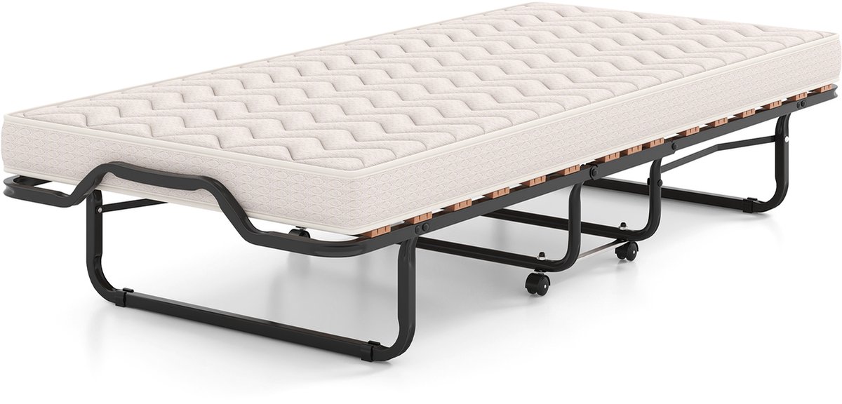 Costway Gastenbed, inklapbaar, met matras van traagschuim, stabiel metalen bed tot 120 kg, Made in Italy, opklapbed op wielen, voor logeerkamer en camping, draagbaar bed, beige Wit