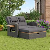 Bol.com Tuinligstoelset voor 2 personen grijs rotan verstelbare rugleuning steunpoot te gebruiken met voetenbankje of als buiten... aanbieding