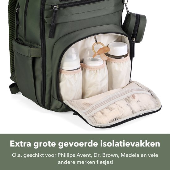 Brisby Premium Luiertas – Uitgebreide en Functionele Verzorgingstas – met buggymontage – Anti Diefstal Vakken - Reistrolley Sleeve - Inclusief verschoonmatje t.w.v.15,99 euro en speenhouder - Levenslange Garantie - Groen — afbeelding 4