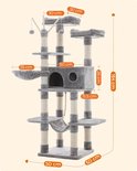 Grijze kattenboom met afmetingen: 164cm hoog, 50x50cm basis, 30cm en 35cm plateaus.