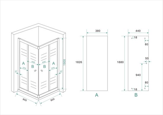 Dessin technique d'une cabine de douche d'angle avec dimensions en millimètres.