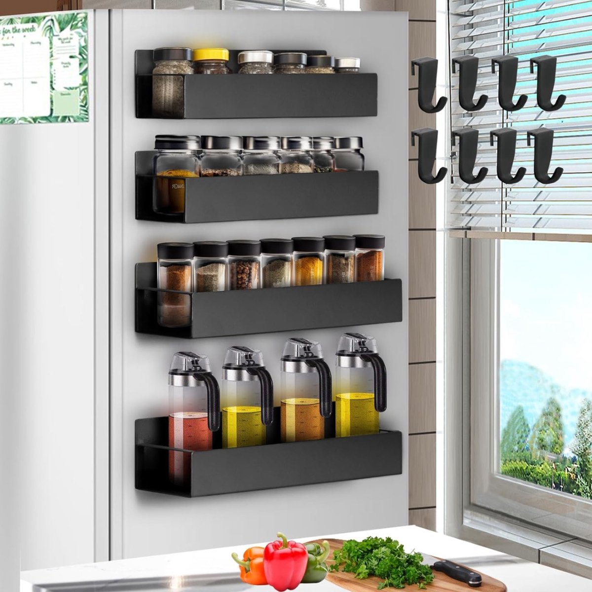 Set van 4 magnetisch kruidenrek met verwijderbare haken, supersterke magnetische plank voor koelkast en magnetron kruidenrek organizer voor potten, zwart