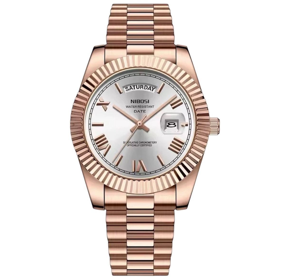 Nibosi -Luxe Herenhorloge - Cadeau - Luxe Doos - Geschenkdoos - Mannen - Rosé Parelmoer Wit - RVS