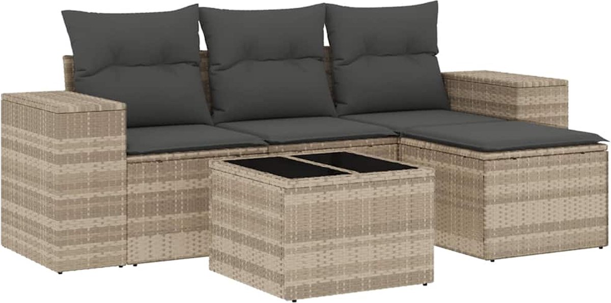 vidaXL 5-delige - Loungeset - met - kussens - poly - rattan - lichtgrijs