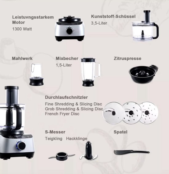 Keukenmachine - Alles in 1 keukenmachine - Multifunctionele keukenmachine - 11 in 1 - Blender - Citruspers - Kneden - Hakken - Malen - Mixen - 1300W - Zilvergrijs van Fritel — afbeelding 4