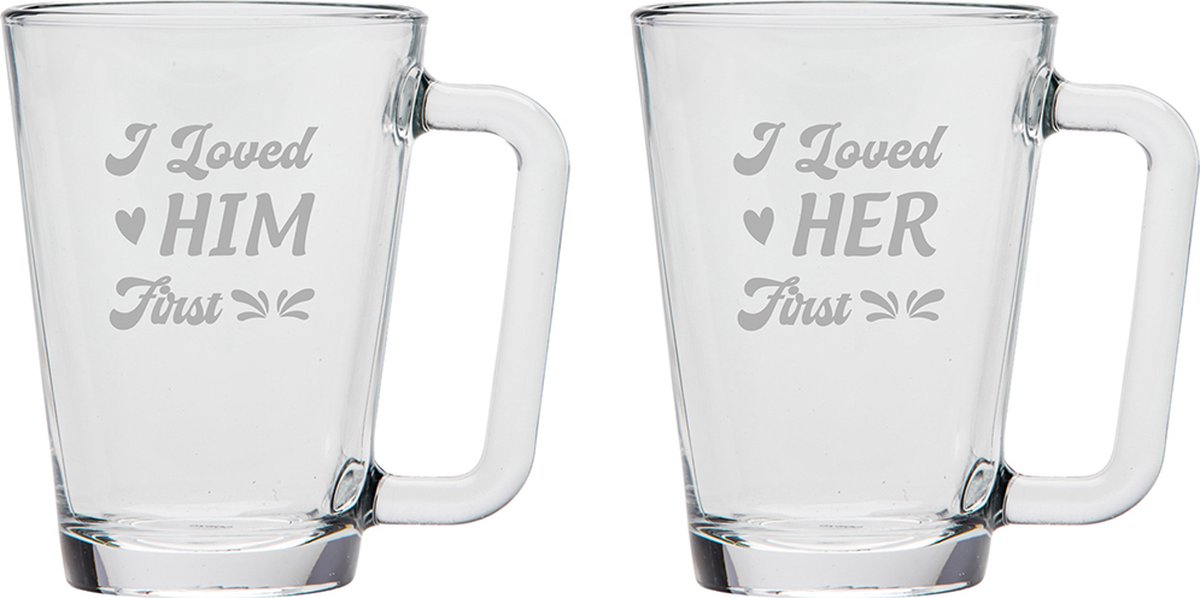 Gegraveerde set Theeglazen 26cl I loved him first - I loved her first