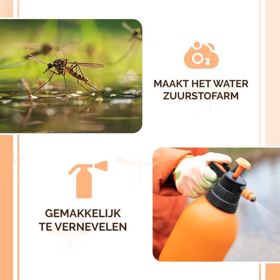 Een close-up van een mug op water. Rechtsonder een oranje spuit met een hand die spuit. Maakt het water zuurstofarm, makkelijk te vernevelen.