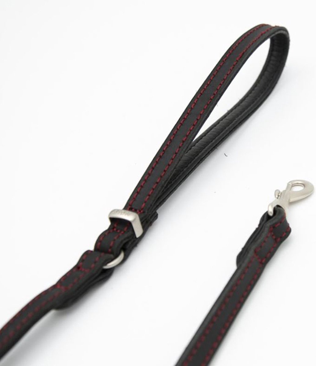 Kukura Lederen Hondenleiband – Zwart met Rood Stiksel - 25mm x 100cm – Niet Verstelbare Hondenriem – van Puppy tot Grote Honden