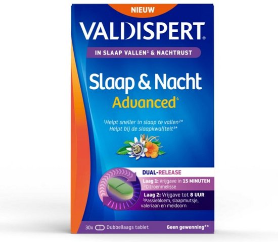 Valdispert Slaap & Nacht Advanced: 30 dubbellaags tabletten. Met citroenmelisse, passiebloem, slaapmutsje, valeriaan en meidoorn voor snellere slaap en nachtrust. Geen gewenning.