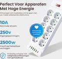 Multiprise blanche avec 10 prises et ports USB, indiquant 10A, 250V et 2500W.