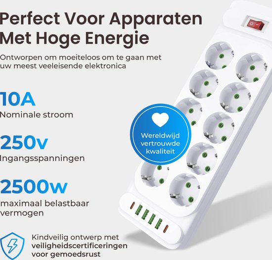 Multiprise blanche avec 10 prises et ports USB, indiquant 10A, 250V et 2500W.
