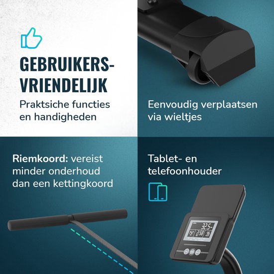 Gebruiksvriendelijke roeimachine: makkelijk te verplaatsen met wieltjes, riemkoord, tablet-/telefoonhouder.