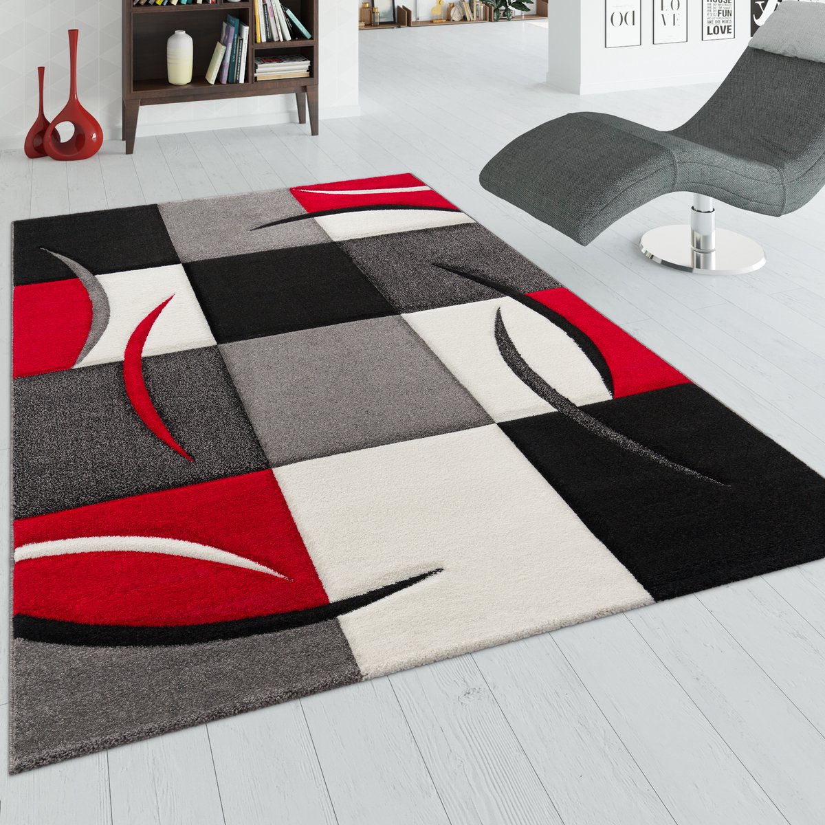 flycarpets Diamesa Modern Vloerkleed - Rood / Zwart / Grijs - 80x150 cm - Laagpolig Tapijt Loper