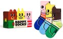 Happy Socks dieren cadeauverpakking naast drie paar sokken: roze kat, gele tijger, bruine beer.