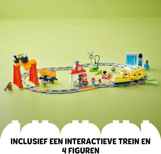 LEGO Duplo trein met gele locomotief, wagon, oranje kraan, stations en rails.