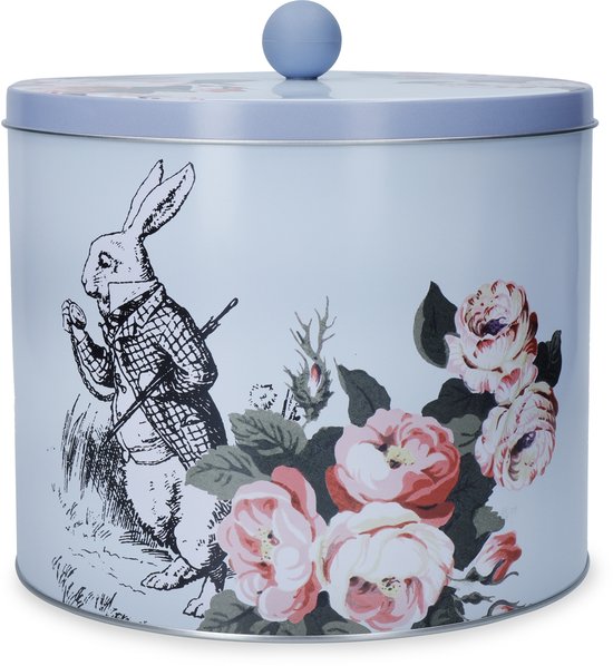Blauwe koektrommel met V&A Alice in Wonderland design, met Witte Konijn en roze rozen.