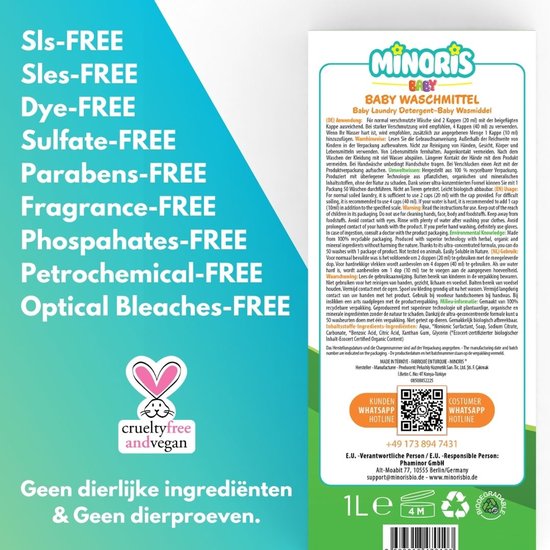 Minoris Baby Wasmiddel, 50 Wasbeurten, 1L – Hypoallergeen, Biologisch, Vegan, Dierproefvrij, Zacht voor Gevoelige Huid, Biologisch Afbreekbare Formule, Geconcentreerde Natuurlijke Babytextielreiniger