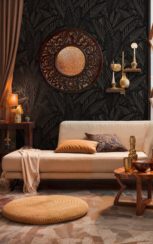 Papier peint graphique Profhome 399334-GU papier peint intissé légèrement structuré avec motif floral noir brillant argent anthracite 5,33 m2