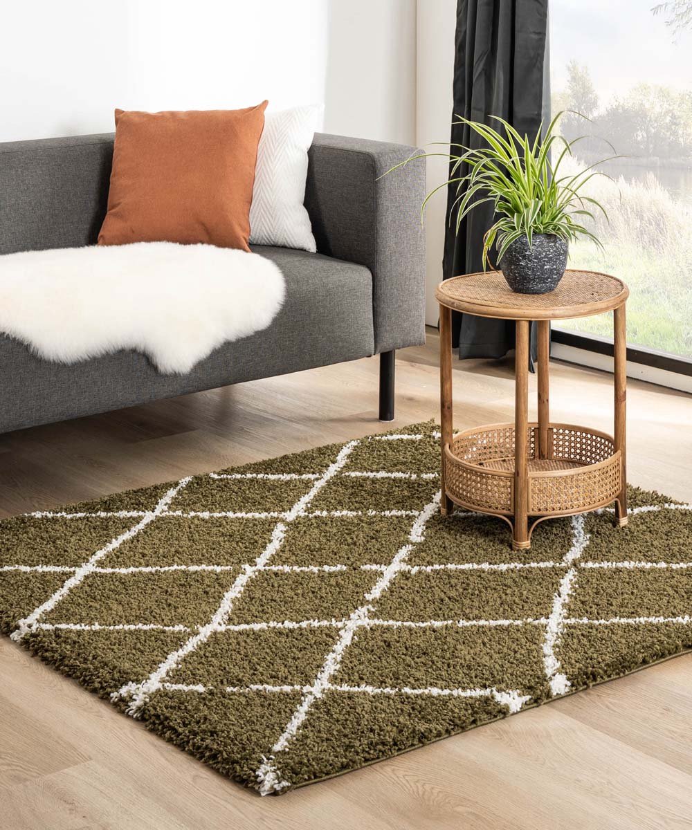 Vierkant hoogpolig vloerkleed ruiten Habitat - olijfgroen/wit 160x160 cm