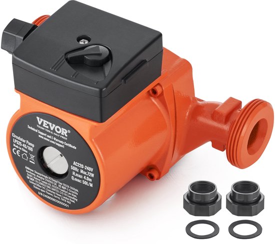 Oranje VEVOR circulatiepomp met zwarte junction box, twee zwarte connectoren en twee zwarte ringen op een witte achtergrond.