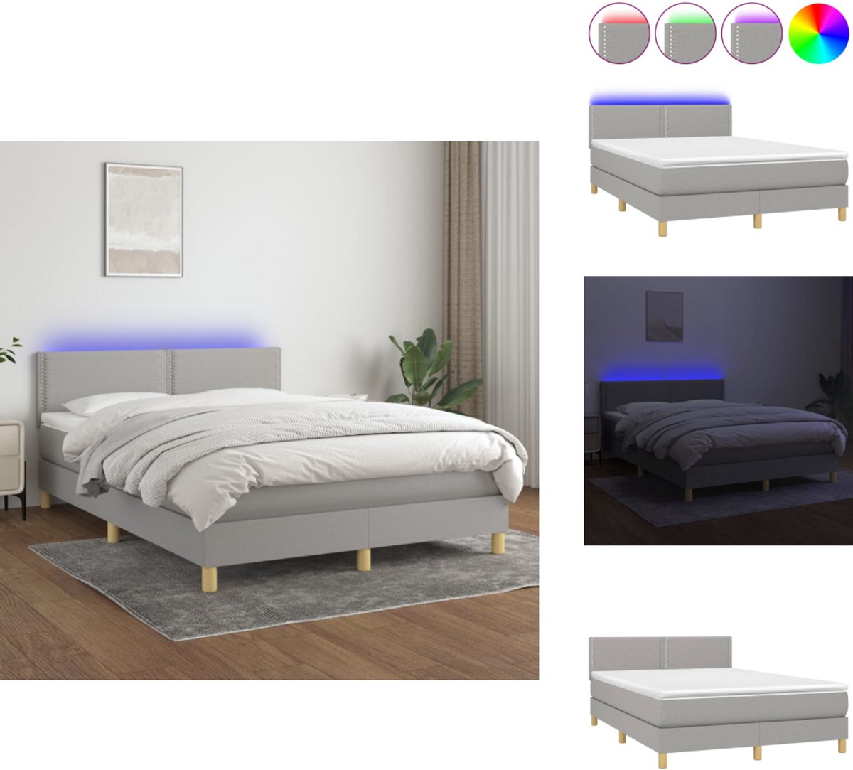 vidaXL Boxspring - Boxsprings - Bed - Slaapmeubel - Boxspring met matras en LED stof lichtgrijs 140x190 cm
